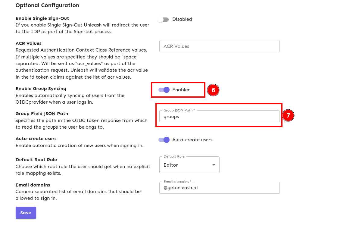 The Unleash SSO configuration screen with the Enable Group Syncing and Group Field JSON Path highlighted.